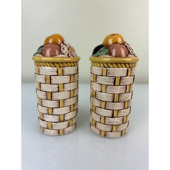Vintage Tall Basket Weave Ceramic Salt & Pepper Shakers Floral Fruit Retro Home - Picture 5 of 13